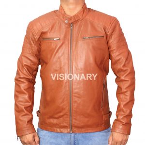 Brand New Sheepskin Original Leather Jacket for Men Stand up Collar Quilted Bike