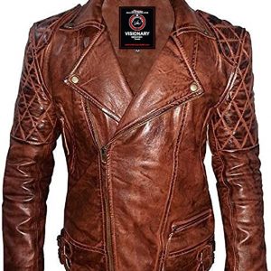 Men’s Fashion Brando Style Distressed Diamond Quilted Genuine Sheepskin Leather Jacket- VM1921860