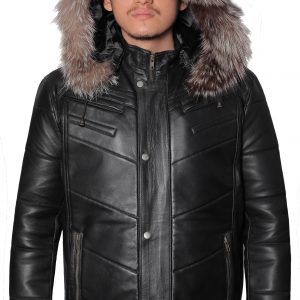 Genuine Sheepskin Trendy Stylish Quilted Leather Coat  With Real Silver Fox Removable Hoodie -VM978584A