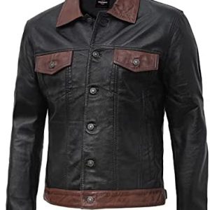 Men’s Fashion Black Trucker Premium Quality Genuine Lambskin Leather Jacket For Men-VM19217269