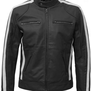 Men’s Fashion Black With White Stripes Original Lambskin Leather Jacket For Men – VM19217268