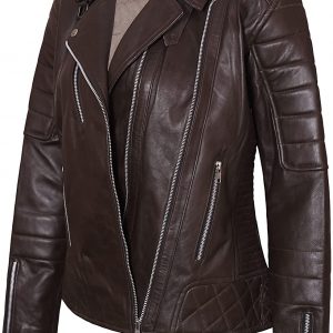 Women’s Fashion Motorcycle Style Genuine Sheepskin Brown Leather Jacket – VM19228456