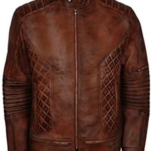 Men’s Fashion Brown Distressed Diamond Quilted Genuine Sheepskin Leather Jacket For Men – VM19217271
