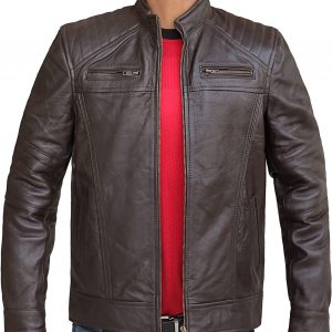 Men’s Real Leather Biker Style Jacket- Genuine Sheepskin Brown Motorcycle Jacket -VM19228454