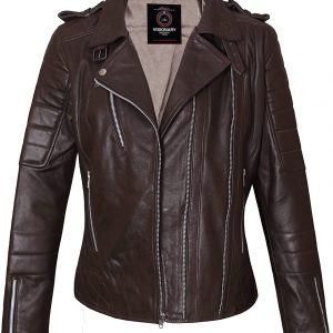 Women’s Fashion Motorcycle Style Genuine Sheepskin Brown Leather Jacket – VM19228456